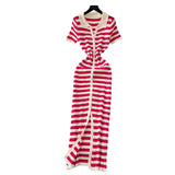 Fongt Chic Vintage Collar Single Buckle Began Striped Knitted Dress Female Thin Dress