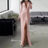 Fongt New Solid Color Dress Summer Fashion Sexy Slit V Neck Long Sleeve Solid Slim Pleated Skirt Dress-Outfit