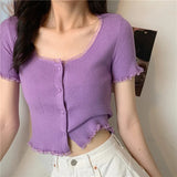 Fongt Retro Girl Soft Lace Collar Knitted Jersey High-Waisted Short-Sleeved T-Shirt