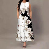 Fongt And Summer Explosion Print Slings Large-Size Dress Flower Pocket Necking A-Character Dress Women's Clothing