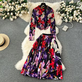 New Advanced Casual Women's Elastic Long Sleeve Pleated Top+High Waist Pleated Half Skirt Printed Skirt 2-piece Set-Outfit