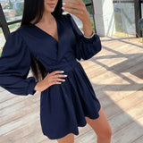 Sexy Sashes Satin A Line Mini Dress Deep V Neck Front Cross Lantern Sleeve Drawn Back Casual Dress 2021 New Women