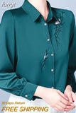 Women's Shirt Blouses for Women Solid Embroidered Long Sleeve Top Woman Polo Neck Clothing Female Button Up Basic
