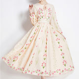 Fongt Temperament Long Sleeve Positioning Print Waist Swing Dress Female Senior Sense Thin Retro Long Dress
