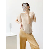 Fongt Folded Summer Korean Version Of The Shape Of The Round Collar Folded Short-Sleeved T-Shirt For Women's Relaxed Leisure Pure Color Tops