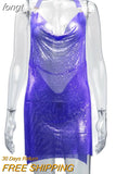 Luxury Sequined Low Cut Halter Mini Dress Backless Patchwork Split Sleeveless Hollow Out Party Sexy Women Solid