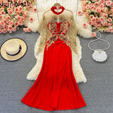 Cheongsam Dresses for Women Fashion Gauze Embroidery Evening Dress Elegant Long Sleeved Vestidos Split Long Robe