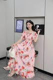 Fongt 2025 New French Holiday Collar Shoulder Short Sleeves To Show Thin Flowers Long Orange Truss Dress