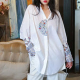 Style Floral Embroidery Shirt Casual Loose Spring Autumn Vintage Stand Collar Women's Clothing Single-breasted Blouse-Outfit