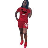 Two Piece Set Women Pink Letter Print Tops + Holes Shorts Tracksuits for Plus Size Women Casual Steetwear 2pcs