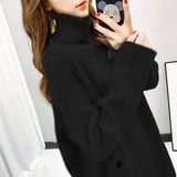 Turtleneck Sweater Women Irregular Button Knitted Pullovers Korean Oversized Knitwear Winter Casual All Match Jumpers Tops-Outfit