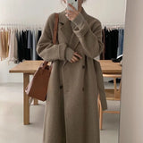 Fongt Chic Autumn And Winter Simple Temperament Collar Double Buckle Strap Loose Long-Term Warm Coat Coat