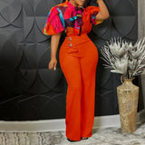 New Summer Printed Women's Trousers Suit Stand-up Collar Long-sleeved Shirt Top Wide Leg Pants Fashion 2 Piece Set-Outfit