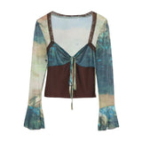 Fongt Spring Dress French Court Style Lace Lace Spliced Printed Horn Long-Sleeved T-Shirt 82236