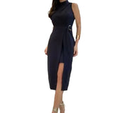 Fongt Summer Women's Solid Color Fashion Round Collar Pleated Slit Show Thin Dress-Outfit