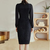New Fashion Designer Navy Blue Bow Tie Tweed Dress Spring Women Long Sleeve Double Breasted Vintage Woolen Dress