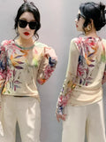 Spring Summer Intimated Silk Fabric T-shirts For Women Fairy Printing Floral Tee Shirt Female Slim High Stretch Top-Outfit