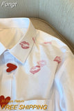 Korean Style Lipstick Print Blouse Women Harajuku Oversized Shirt Elegant Loose Casual All-match Button Tops