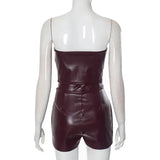 PU Leather Tube Crop Top And Zipper Skort Two Piece Set-Outfit