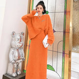 and winter new style mink velvet solid color sweater suit women style new harajuku slim mid-length skirt knitted suit-Outfit