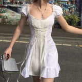 Retro Stitching Wood ears Lace Cross Lacing up Short Sleeve Short Dress Woman White French Mini Dresses