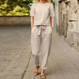 Fongt Women's Cotton Tample Summer With Suit Half-Sleeved O-Neck Oversized Hoodie E Broad Leg Pants Retro Two-Piece Set