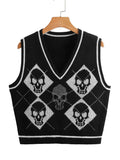 Gothic Knit Sweater Vest Skull Argyle Print Pattern Knitwear V-neck Pullover Fashion Jumper Top Women Halloween
