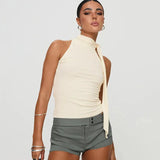 High Collar Tie Up Top-Outfit