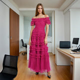 French Elegant Wind And Wood Ear Design Shoulder Dress 2025 Summer New Mesh Wave Dot Long Dress