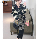 Han Queen Autumn Winter Vestido Korean 2 Pieces Cardigan Coat And Striped Party Professional Dress Women Sheath Pencil