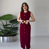 Fongt New Women's Single-Cringed Knitless Knitted Solid-Colored Waist Dress