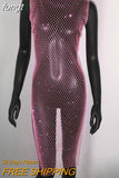 Rhinestones See Through Mini Dress Sexy Sleeveless Fishnet Hollow Out Dresses Women Summer Beach Sexy Cover