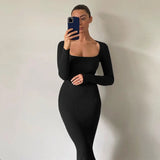 Long Sleeve Ankle-Length Dress For Woman Square Collar Knit Long Dress Women Sexy Elegant Causal Solid Maxi