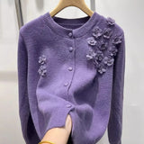 Fongt Flower Embroidery Design Blouse With Ocean Knitted Cardigan Long-Sleeved Temperament Minus Age Casual Sweater Woman