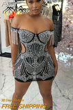 Chic Black Iridescent Rhinestone Accent Cut-Out Night Dress Summer Glam Fringed Crystal Party Dress Birthday