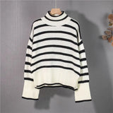 2021 Autunm Winter Women Sweaters Turtleneck Striped Vintage Oversized Split Knitwears Elegant Lady Tops