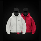 Fongt Trendy Double Hat Boomer Design Hooded Zipper Open-Shirt Couple Windproof Street Coat