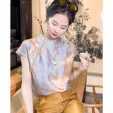 Chinese Style Light National Style Imitation Silk Short-Sleeved Blouse In Summer 2023 New Camellia Printed Retro Pullover Shirt-Outfit