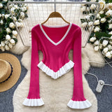 Fongt Striped Knitted Shirt Autumn Lotus Side Hem Horn Sleeves Slimmed Out Of The Bottom Coat