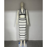 Fongt Striped Bikini Knitted Vest Sling Suit Beach Bohemian Style Long Dress