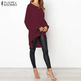 Blouse ZANZEA Autumn Crew Neck Lantern SleeveShirt Casual Solid Blusas Femininas Long Tops Tunic Asymmetrical Hem
