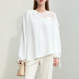 Fongt Chiffon Women's New Elegant Three-Dimensional Lace Pearl Yarn Micro Reveals Shoulder Belt Long-Sleeved Shirts In Spring 2025