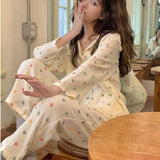 Rround Collar Pajamas Retro Flower Print Sweet Girl Princess Long Sleeve Homewear Suit Spring Summer