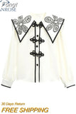 Women Lace Embroidery Long Sleeve Single Breasted Blouse Peter Pan Collar Solid Female Loose Casual Tops 2023 Autumn