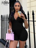 Zip Ribbed Romper Women Stretch Fitness Sporty Hipster Short Sleeve Playsuits Casual Solid Simple Streetwear Overalls-Outfit