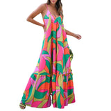 Fongt Summer New Commuting Style French Dress Deep V-Neck Bare Back Sling Print
