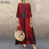 Autumn 3/4 Sleeve Polka Dot Printed Long Dress Vintage Women's Cotton Linen Dresses Female Kaftan Vestido Femme