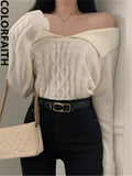 New 2022 Chic Korean Fashion Off Shoulder Sweater Knitted Women Autumn Winter Elegant Lady Short Pink Tops