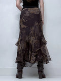 Fongt New Vintage Niche Retro Print Double-Layer Waveside Low-Rise Thin Half-Dress Skirt