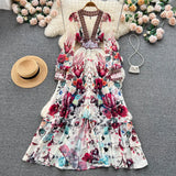 Fongt And Autumn French Court Style Temperament Thin French Chiffon Mesh Dress Female Big A-Word Print Long Dress